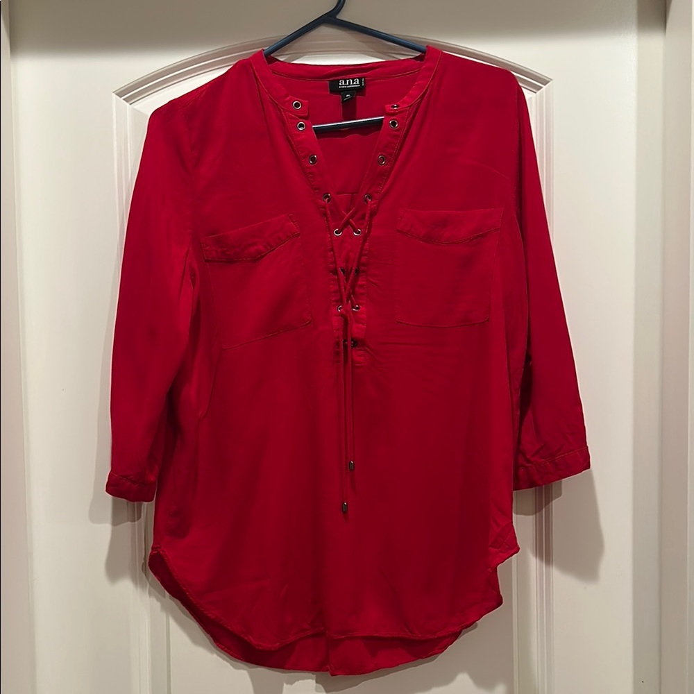 a.n.a Red Tie Front Blouse with Mandarin Collar, PL